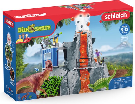 Doos van Schleich De Grote Vulkaan Expeditie speelgoed, met dino's, vulkaan en wetenschapper.