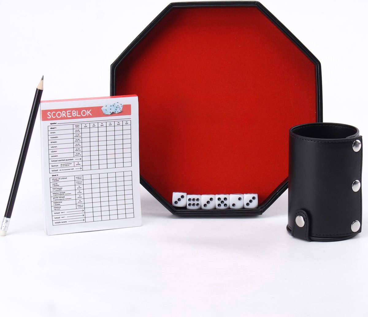 Dobbelspel Set - Yahtzee - Yatzee - Dobbel - Dobbelbord - Gezelschapsspel - Dobbelstenenbak - Dobbelbeker - Rolling Tray - Inclusief Dobbelstenen Set, Yahtzee Scoreblok, Dobbelbak, Dice Cup en Potloden - Rood