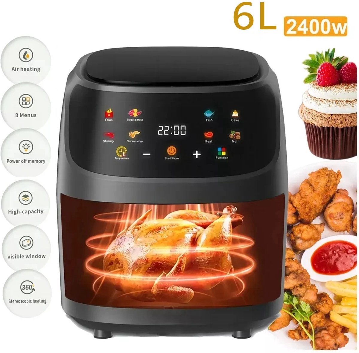 Comnox - Heteluchtfriteuse - 6L Inhoud - Airfryer - 2400W - Met LCD scherm - Zwart