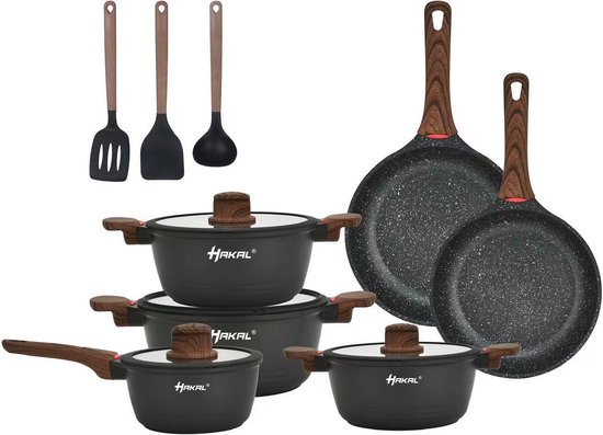 KARL HAUSMANN Pannenset, inductie, zwart, 3-delig, 4,4 6,2 10 l, kookpannenset, gecoat, gegoten aluminium pannen met deksel, antiaanbakpan gecoat voor alle warmtebronnen, kookpannenset, stoofpan