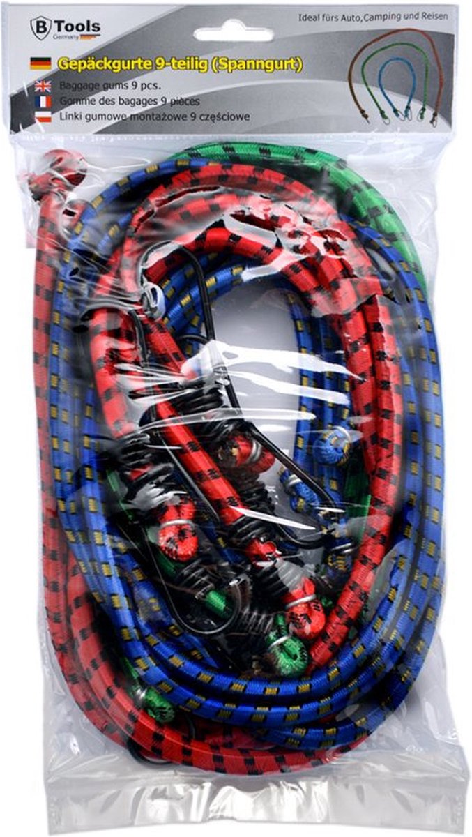 9x Bagagespinnen / snelbinders groen/rood/blauw - 60 / 80 / 100 cm - Bagagespin/snelbinder/spanelastiek