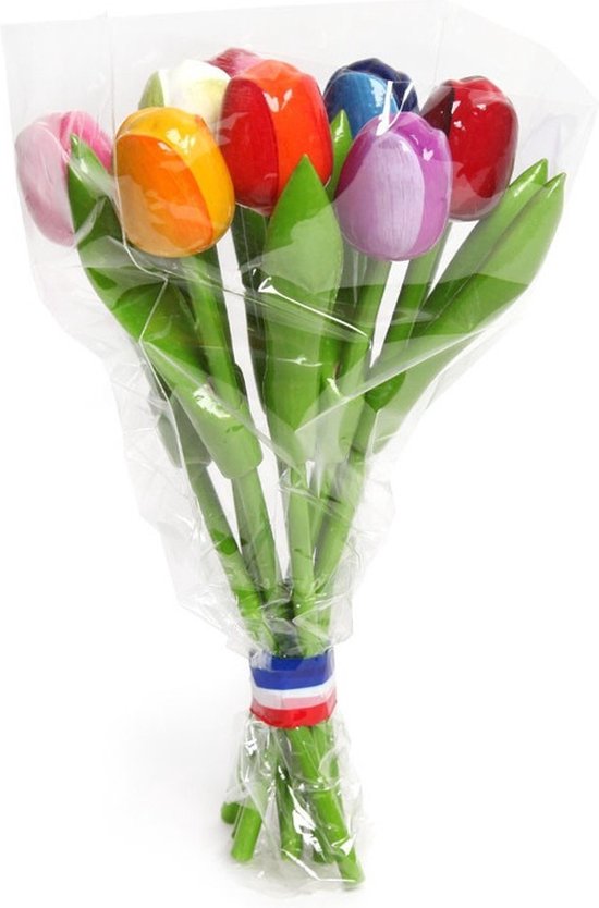 Foto: Houten tulpen decoratie boeket 20 cm gekleurde tulp bloemen boeket hollandse tulpen holland souvenirs