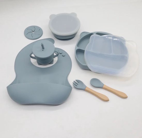 Foto: Kinderservies siliconen met zuignap bpa chemicali n vrij babyservies drinkbeker met rietje baby bestek babybox silliconen eetset 10 delig vaatwas magnetron bestendig babyshower blauw