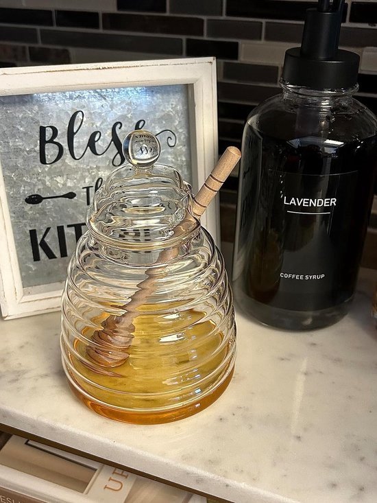 Pot à miel en Verres de 500 ml avec récipient à miel et cuillère à miel, pot à miel en Pot à miel en Verres de 500 ml avec récipient à miel et cuillère à miel, pot à miel en