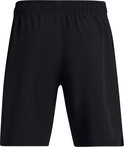 Zwarte korte broek met elastische tailleband en trekkoord.