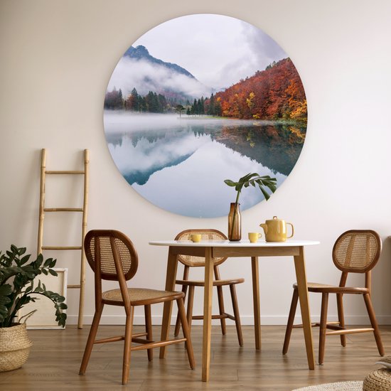 WallCircle - Cercle mural - Cercle mural intérieur - Automne - Brouillard - Water - Paysage - 120x120 cm - Décoration murale - Peintures ronds XXL
