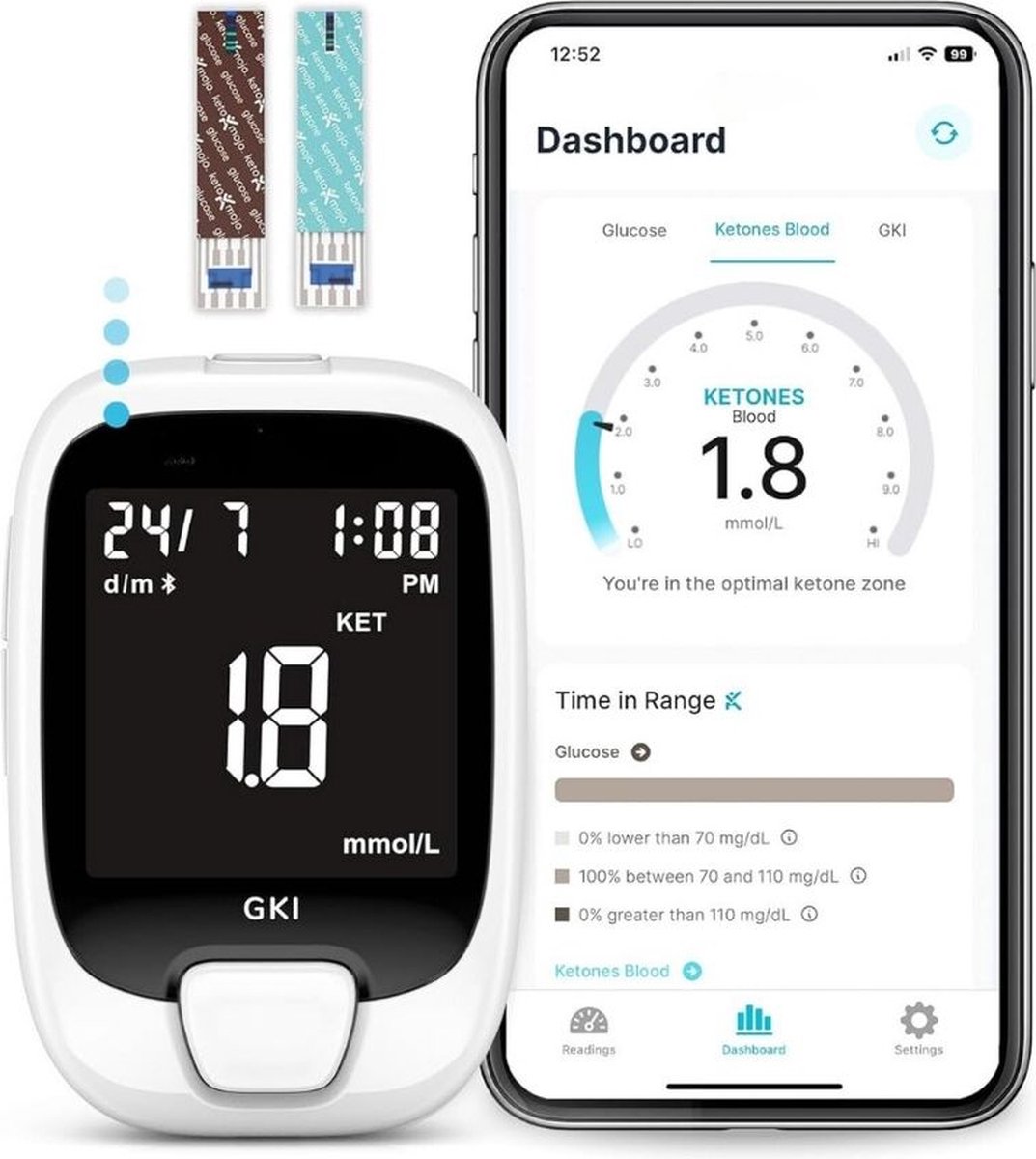 Goedkoopste Glucosemeter - Bloedsuikermeter Startpakket - Glucose Meter met Strips - Wit/20 Lancetten/20 Teststrips/Bluetooth