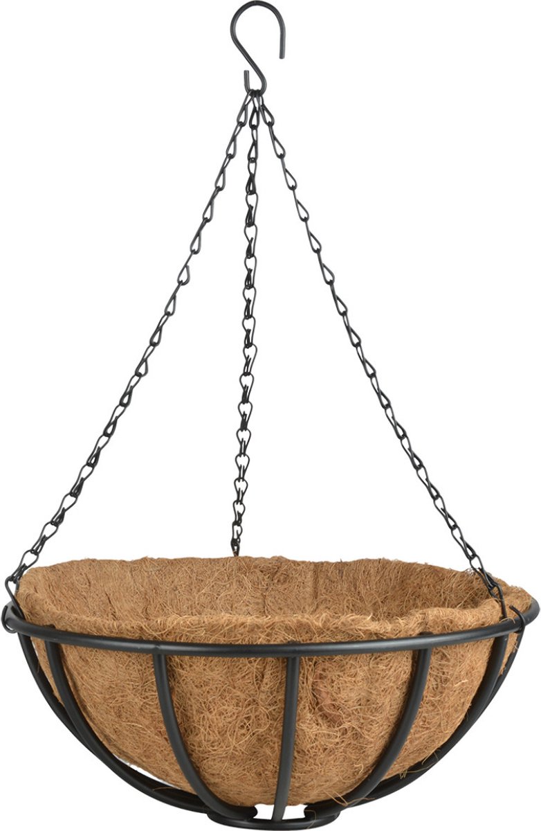 Esschert Design Metalen hang basket mand / plantenbak - met ketting - Dia 35 cm - inclusief kokosinlegvel - Hangende bloemen en planten