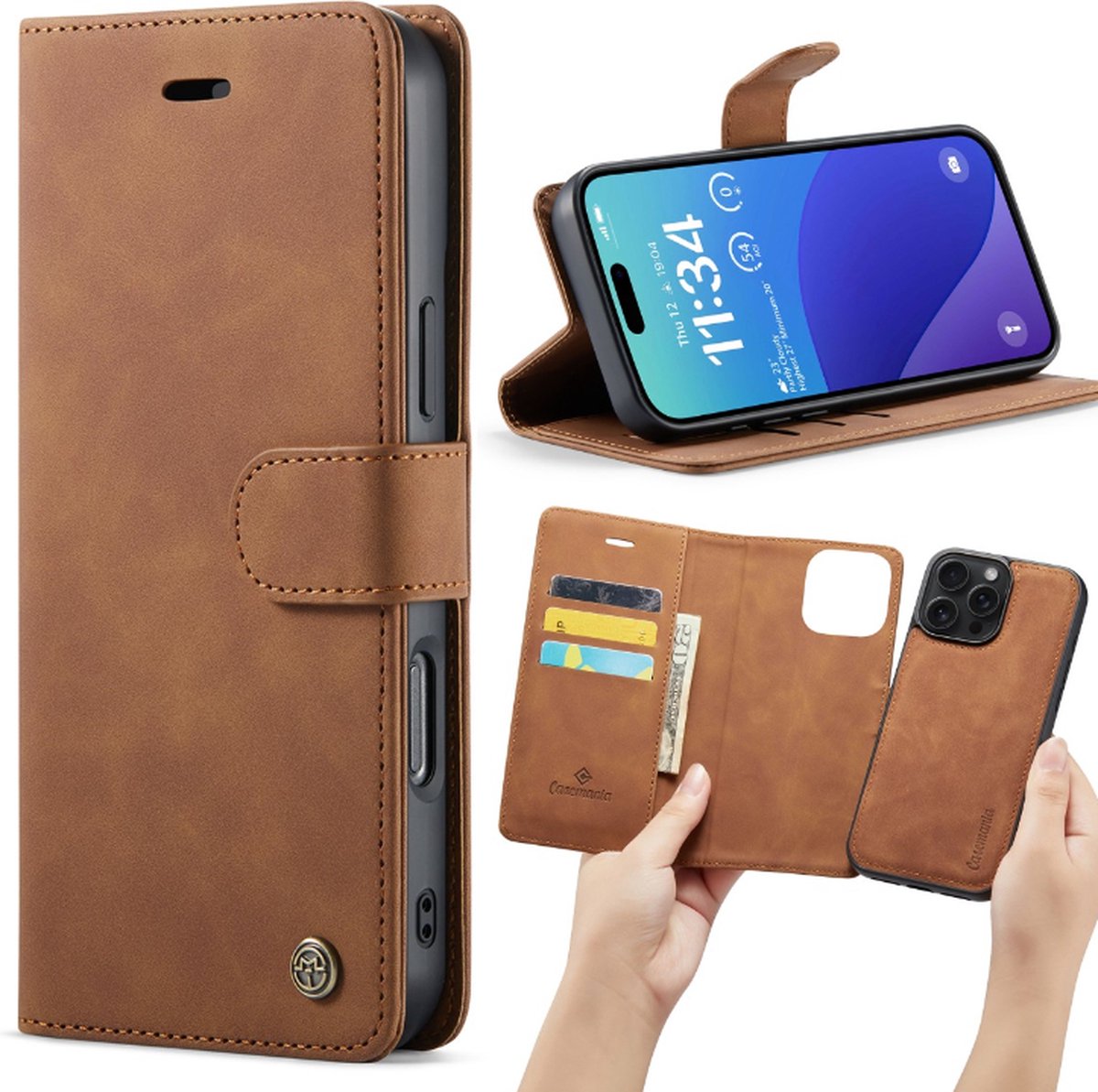 Casemania – iPhone 16 Pro Max – 2 in 1 – Bookcase - Bruin