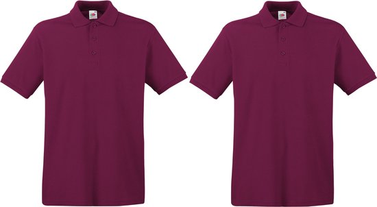 Twee bordeauxrode poloshirts van Fruit of the Loom met korte mouwen en knoopsluiting.