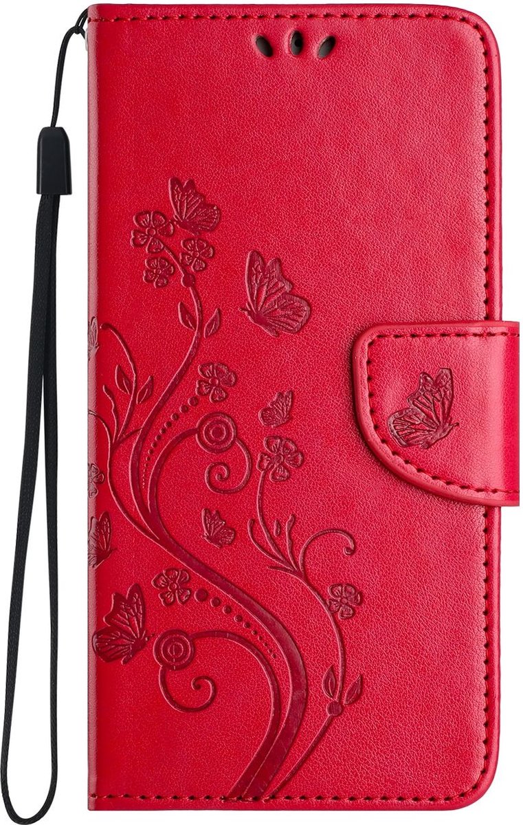 Mobigear Telefoonhoesje geschikt voor Apple iPhone 16 Pro Hoesje | Mobigear Flowers Bookcase Portemonnee | Pasjeshouder voor 2 Pasjes | Telefoonhoesje voor Pinpas / OV Kaart / Rijbewijs - Rood