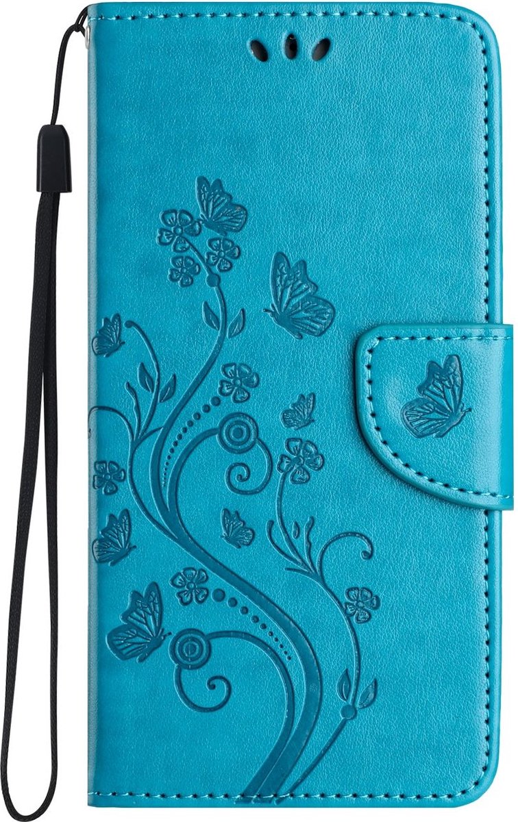 Mobigear Telefoonhoesje geschikt voor Apple iPhone 16 Pro Max Hoesje | Mobigear Flowers Bookcase Portemonnee | Pasjeshouder voor 2 Pasjes | Telefoonhoesje voor Pinpas / OV Kaart / Rijbewijs - Blauw