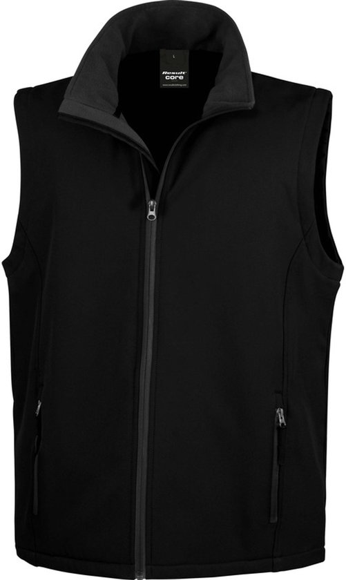 Zwarte heren bodywarmer met ritssluiting, opstaande kraag en ritszakken. Het merk 'Result Core' is zichtbaar op het label.