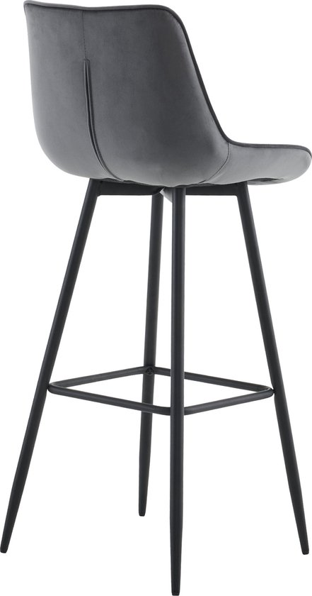 Onderkant van een donkergrijze fluwelen barkruk met een vierkant metalen frame en vier slanke metalen poten.