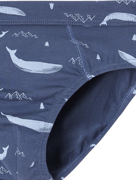 Donkerblauwe slips met wit walvis- en bergprint.