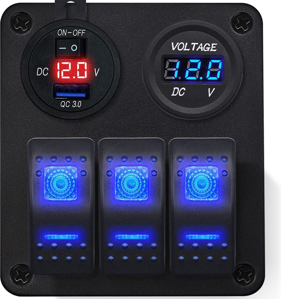 ProRide Schakelpaneel 12V voor Auto/Boot - USB/USB C Lader 3 Poorten met Voltmeter - QC3.0 - 3 Schakelaars