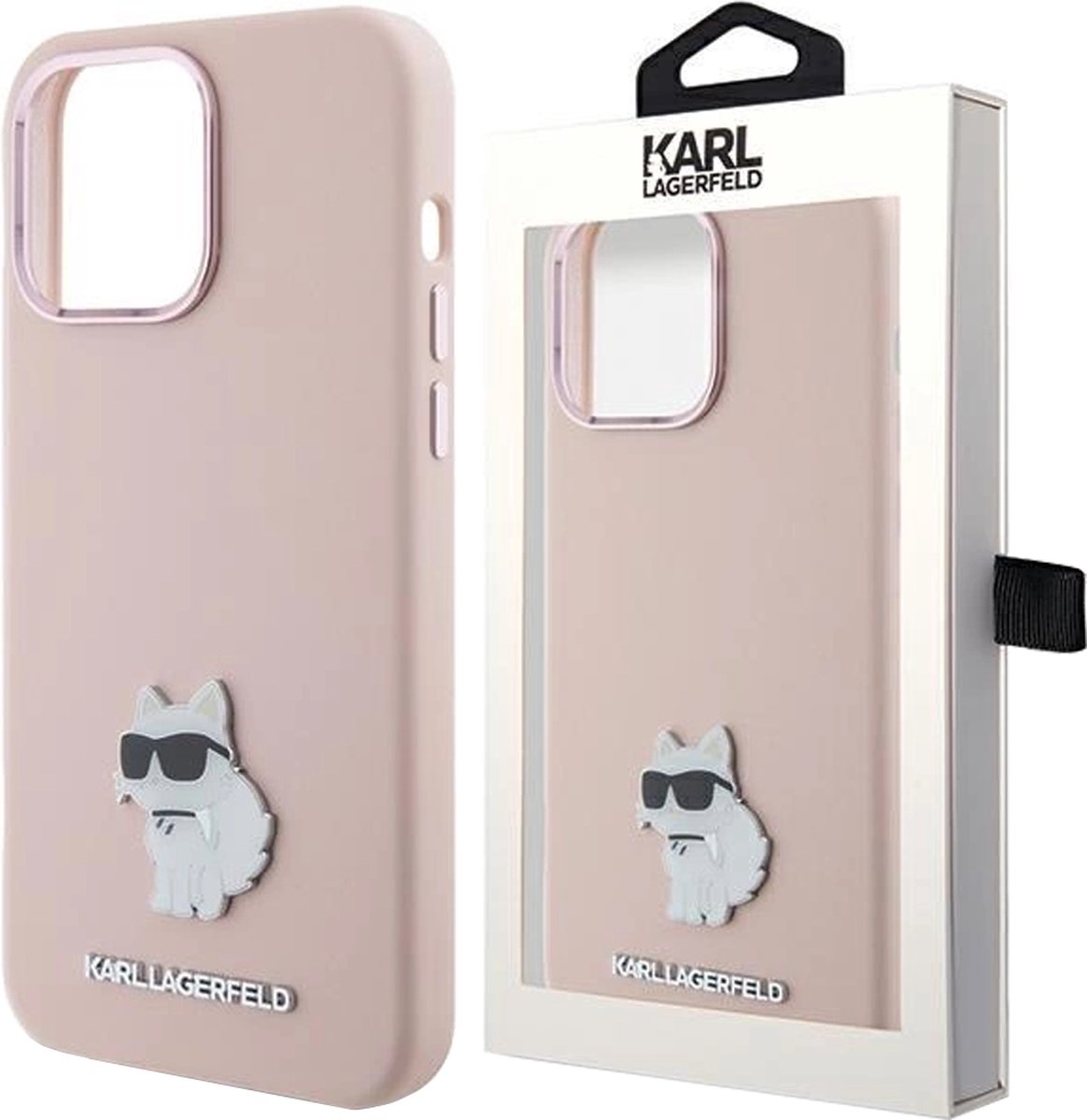 Karl - Lagerfeld - Siliconen Choupette Metal Pin hoesje voor iPhone - 15 - roze