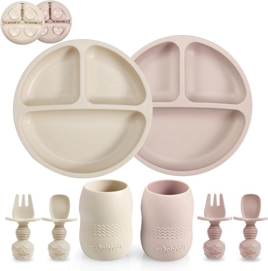 PandaEar Siliconen Baby Eetset - Zuigborden + Bekers + Bestek - Roze/Grijs