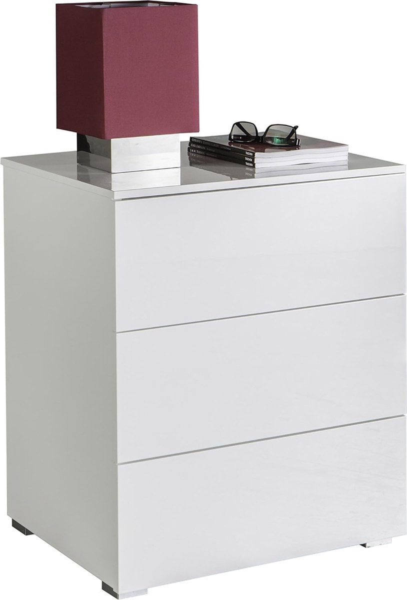 Goodivery ® Stijlvolle Nachtkast met 3 Lades, Hoogglans Wit, Houten Design, 44x55x64 cm