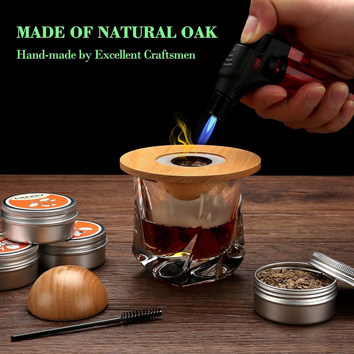 Whisky Smoker Kit met fakkel en ouderwetse siroop - 8 smaken houtsnippers - bourbon geschenken voor mannen, cocktail roker kit - USA eiken rookdeksel (geen butaan