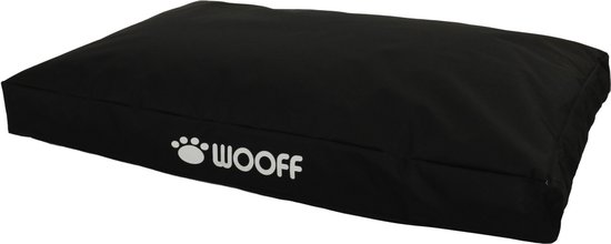 Un coussin pour chien noir avec le logo 'WOOFF' en lettres blanches.