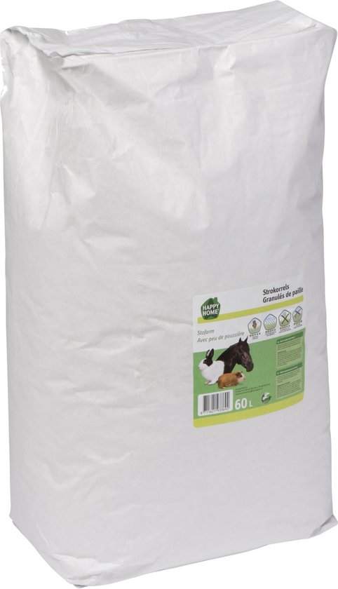 Grand sac blanc avec étiquette verte et jaune. "Strokorrels Granulés de paille" 60 L.