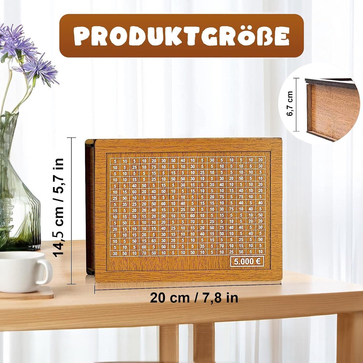 Spaarpot van hout, retro spaarpot opbergdoos, spaarvarken met markers, herbruikbare spaarpot met spaardoel: € 500, € 1,000, € 3,000, € 5,000, € 10,000 (8 stuks