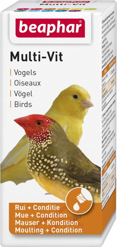 Beaphar Multi-Vit met een gele kanarie en een roodkoppeerwiek, met de tekst 'Rui + Conditie'.