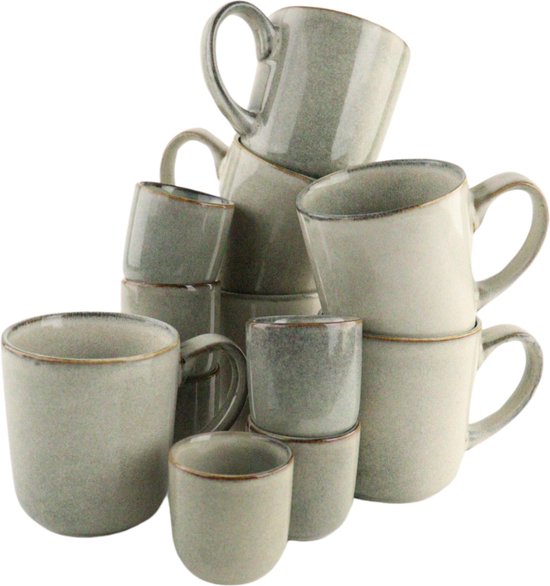 Tasses à café OTIX - Set de 12 - Expresso - Tasses - 80ml - Mugs - 420ml - Sachets de café - Mug à thé - Faïence - HÊTRE