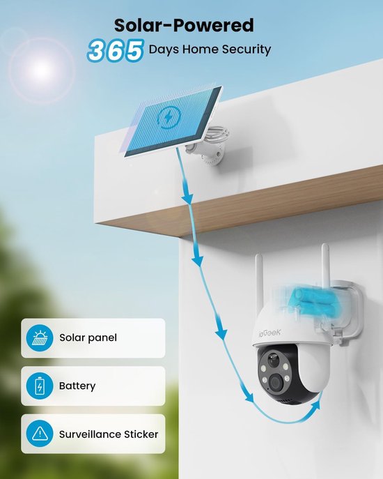 ieGeek Beveiligingscamera Draadloze Buiten, 360° PTZ Buitencamera, 2K Zonne-Beveiligingscamera's voor Thuis, Spotlight en Sirene/2.4G WiFi/3MP Kleurennachtzicht/2-Weg Praten/PIR-Detectie, 4 stuks van ieGeek — afbeelding 4