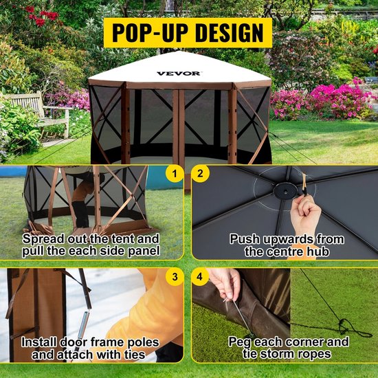 Pop-up kamperen Gazebo 12x12 - 6-zijdig Camping Canopy Shelter - Waterdicht - B3 Mesh Ventilatie - Zand- en Insectbestendig - Pop-up Ontwerp - Inclusief Accessoires - Voor 8 Personen van Merkloos — afbeelding 2