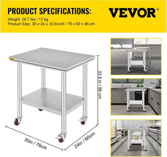 Foto: Mazeroo vevor roestvrijstalen werktafel multisize zware werktafel met 4 wielen voor commercieel keukenrestaurant