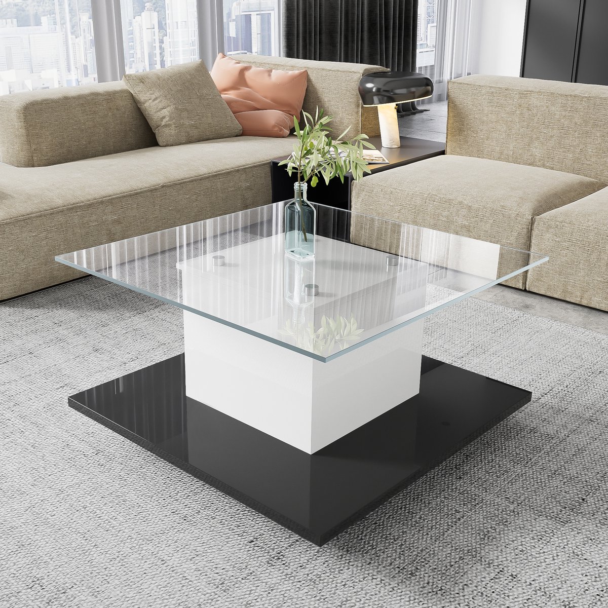 Sweiko Salontafel, Hoogglans Glazen Salontafel, Beweegbare Salontafel met roterende wielen,LED-verlichting, Zwart-Wit kleurenschema