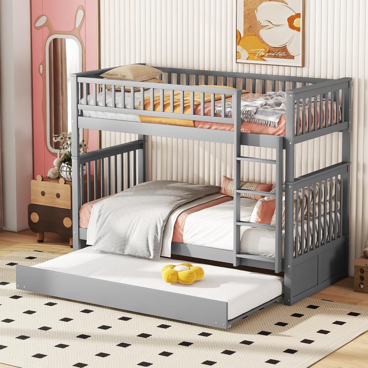 KOMHTOM Stapelbed 90x200cm Kinderbed Driedubbel met onderschuifbed Hoge oprijplaten Stabiele trap Grijs