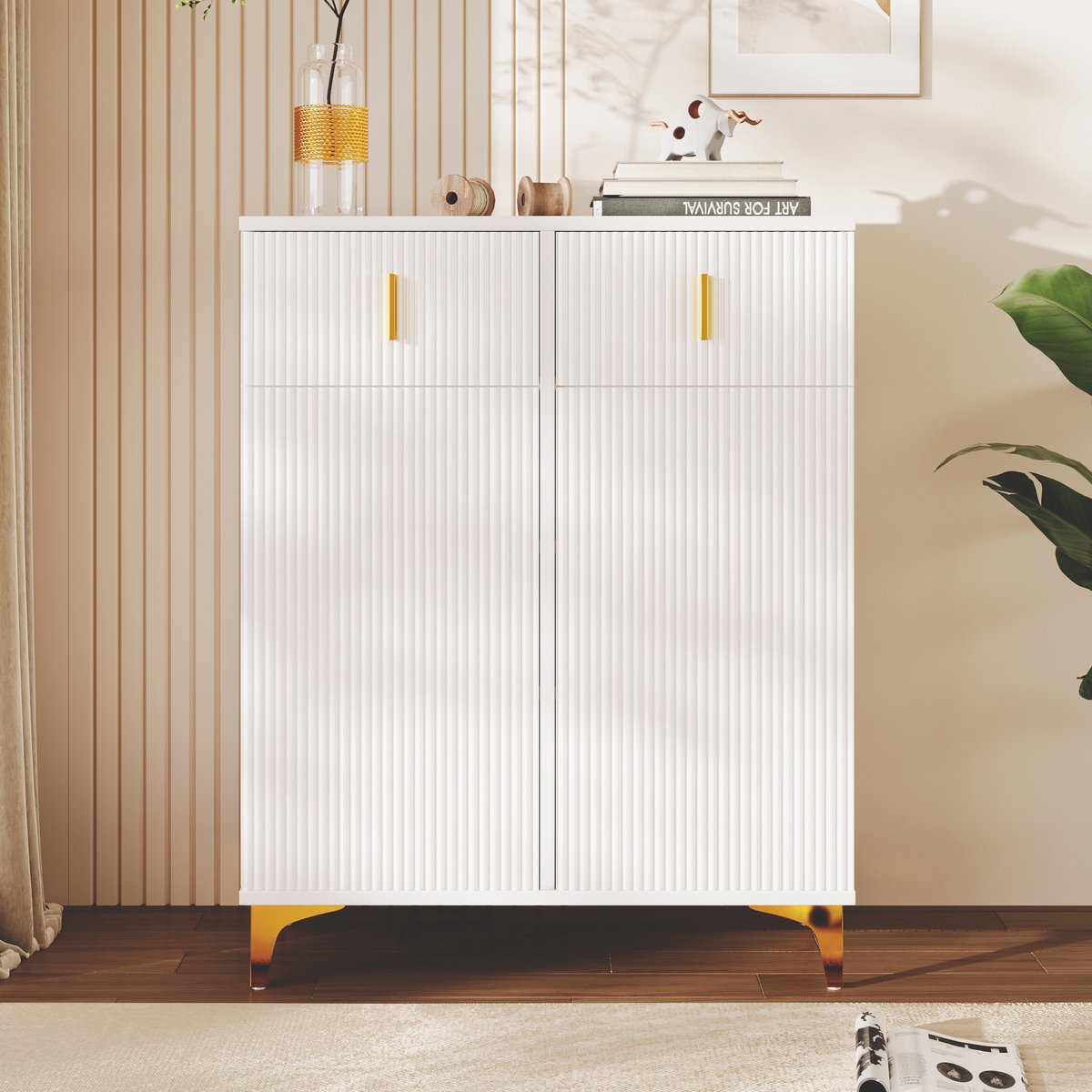 Sweiko Zijkast, Ladekast, Opbergkast, met Gestructureerde Panelen, Verstelbare planken en vergulde decoraties, met lades, Wit