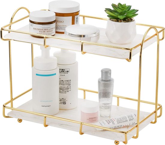 Rangement de Salle de Bain, Organisateur de maquillage à 2 Niveaux Doré, Organisateur de Comptoir, étagère de Rangement avec Tableau Amovible, pour Salle de Bain, Commode