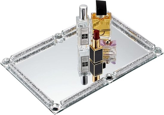 Plateau en verre miroir 30x20 cm avec cadre en diamant, plateau de présentation décoratif rectangulaire pour cosmétiques parfums, tasse à tasse