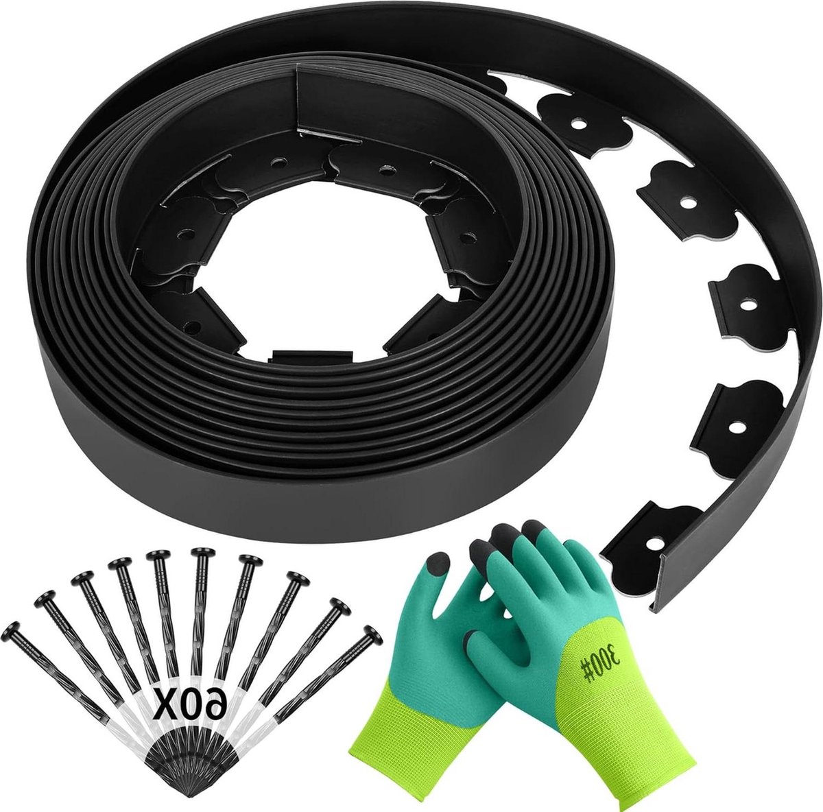 Flexibele kunststof tuinranden 10 meter x 5 centimeter - 60 grondankers - zwart