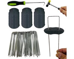 Stalen haringen set voor bevestiging onkruidvlies en kunstgras - 50 grondankers + 50 bufferschijven 150 x 40 mm Ø 25 mm