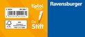 Le stylo tiptoi orange et blanc est présenté sur un fond jaune avec le texte "De Stift" et le logo Ravensburger.