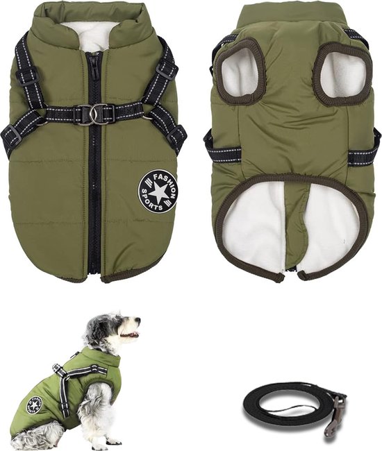 Geweo Honden Jas - Hondenjas - Dog Jacket - Met aanlijn Geweo Hondenjasjes voor Hondjes - Dog Jacket - Met aanlijn ringKleine Hond -Waterafstotend - Gevoerd met rits - Warme hondenjas - Maat XL - Groen - Trektouw 1.5 M