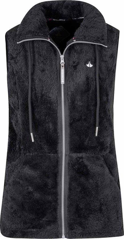 Zwarte fleece bodywarmer voor dames met rits, capuchon en trekkoorden.
