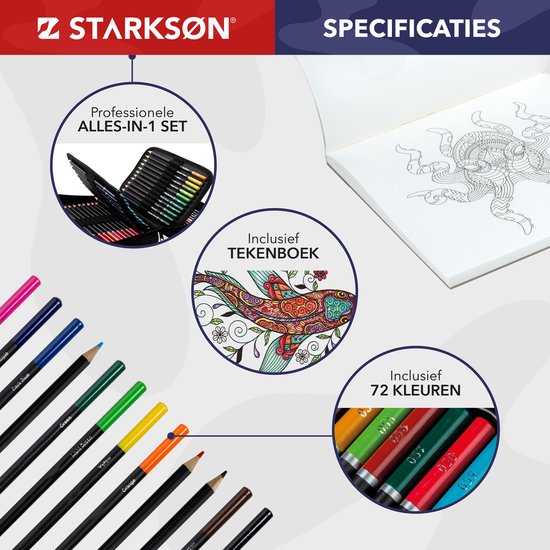 Starkson teken set specificaties: 72 kleuren potloden, schetsboek met vis- en dierentekeningen.