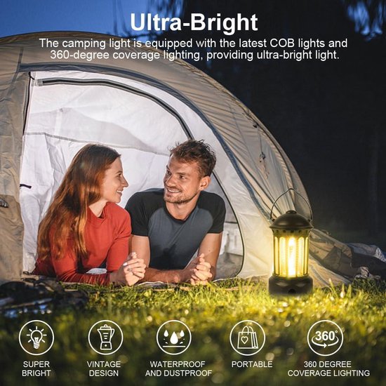 Tentverlichting Retro campinglantaarns - Draagbare campingverlichting op batterijen - IPX4-waterdicht - Vintage COB-hangtentlamp voor buiten - Wandelen in de tuin - Noodgeval — afbeelding 2