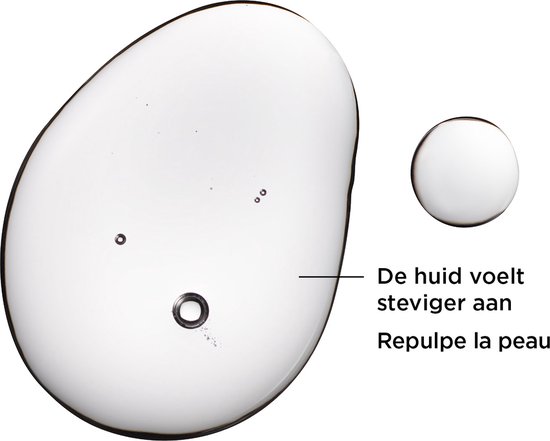 Een grote druppel serum en een kleine druppel serum op een witte achtergrond. De tekst zegt 'De huid voelt steviger aan'.