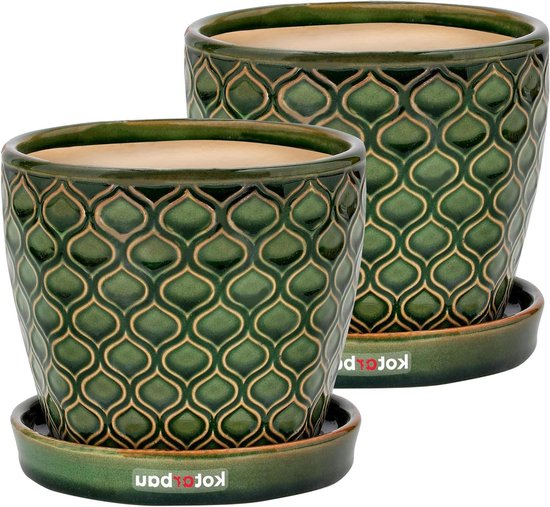 Pot décoratif en céramique vintage - pot de fleurs avec bac d'égouttement - diamètre 15 cm - motif écailles de poisson vert - 2 pièces
