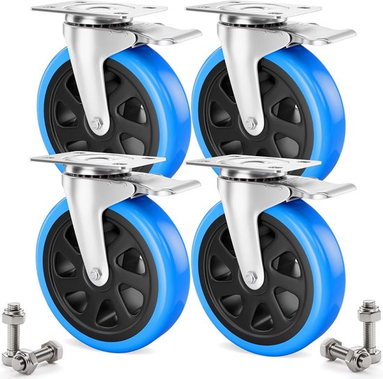 4 stuks zware wielen 100 mm met remmen incl. montagetoebehoren, zwenkwielen, transportwielen, 360° rotatie tot 600 kg, draagbaarheid voor meubeltransport en industrieel transport 4 stuks zware wielen 100 mm met remmen incl. montagetoebehoren, zwenkwielen, transportwielen, 360° rotatie tot 600 kg, draagbaarheid voor meubeltransport en industrieel transport