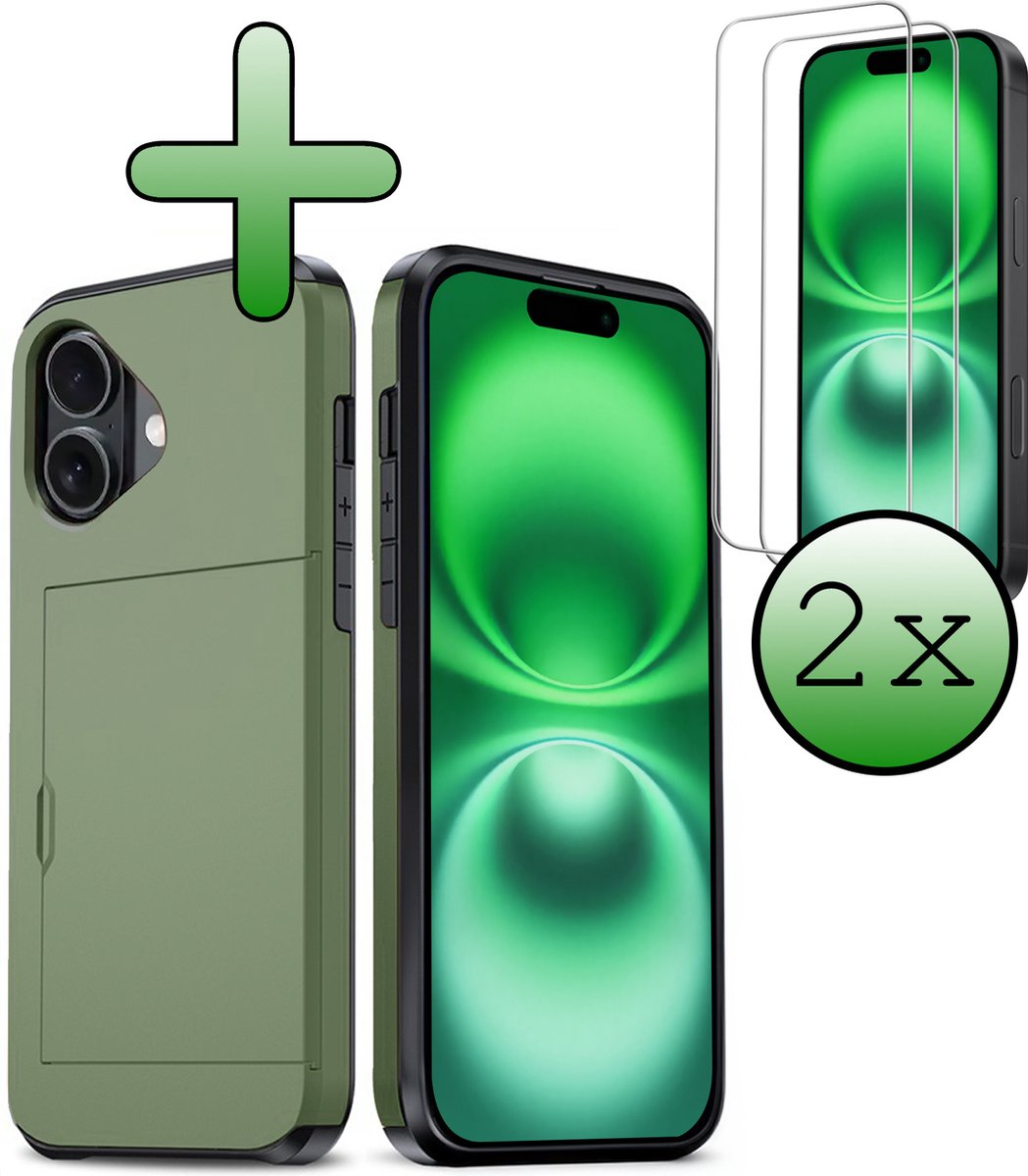 Hoes Geschikt voor iPhone 16 Plus Hoesje Hard Case Met Pas Houder Met 2x Screenprotector - Hoesje Geschikt voor iPhone 16 Plus Hoes Shockproof Hard Cover Met Kaarthouder - Donkergroen