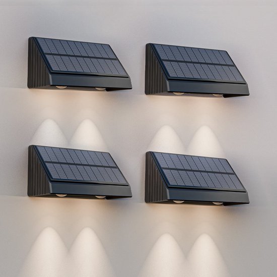 HOFTRONIC - 4x Solar Wandlamp Zwart - Up and Down - Schuttingverlichting - 2 lichtstanden - IP54 Waterdicht - 3000K Warmwit licht - Solar buitenlamp