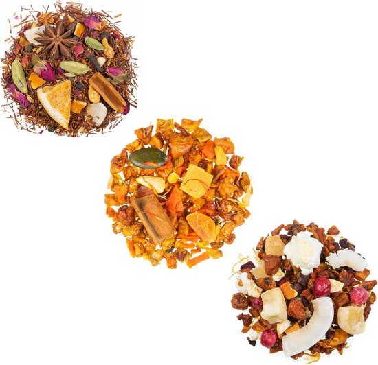 Foto: Thee losse thee verse thee 150 gram thee cadeau thee pakket brievenbus cadeau thee kado herfst thee herfst drank pumpkin spice lemon popcorn rooibos 5 spices